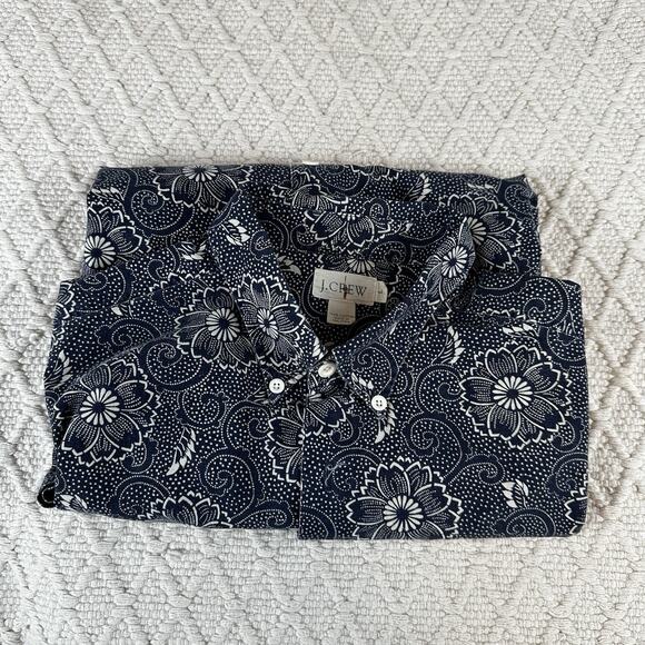 Vintage J.Crew Oarsman Men's L Floral Print Shirt Navy Blue Cotton Short Sleeve - Picture 6 of 6